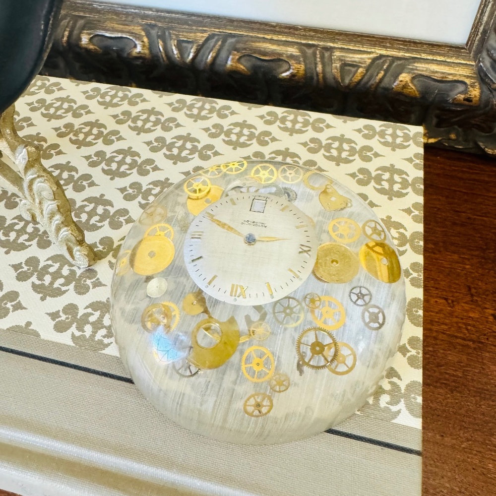 Vintage Lucite Domed Exploded Watch Clock Parts Paperweight Father’s Day Gift